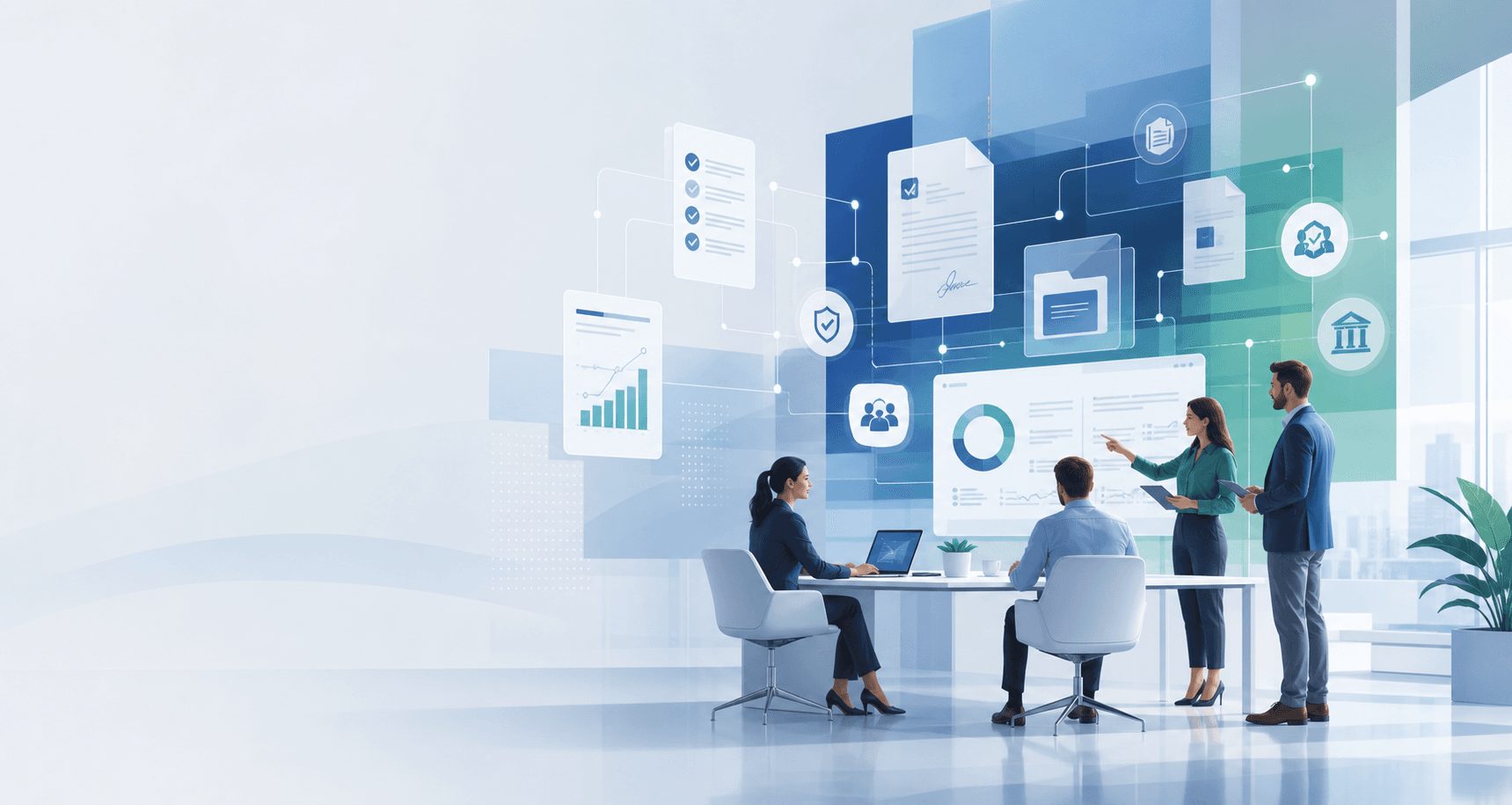 Equipo profesional analizando documentos, evidencias e indicadores conectados